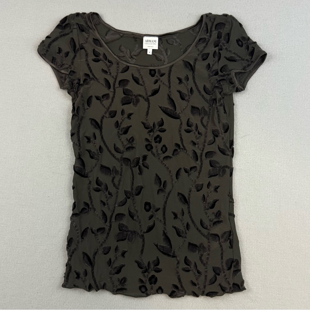 Armani Collezioni Blouse Women's Size 4‎ Monochrome Black Velvet Floral Vine